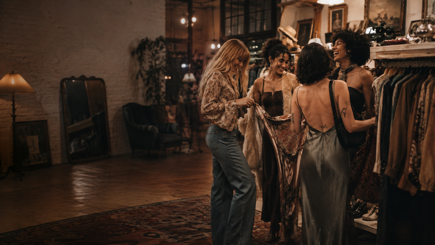 A group of women laughing together in a warmly lit vintage boutique